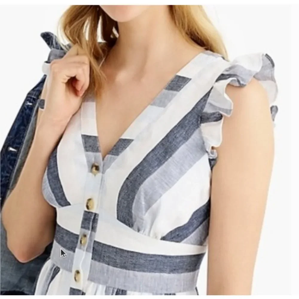 J. Crew Point Sur Linen Striped A-line Dress SZ 00P Blue White Spring Summer - Picture 3 of 10